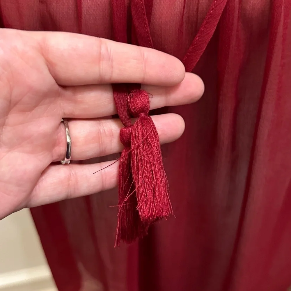 Lucky Brand Red Sheer Boho Embroidered 3/4 Sleeve Blouse with Tassels Sz S - Picture 5 of 9